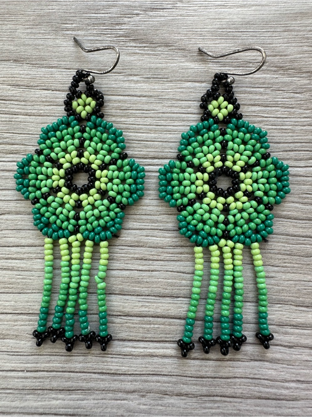 Handmade Huichol Beaded Flower Fringe Earrings Green Black Ombre 3” Festival Fun